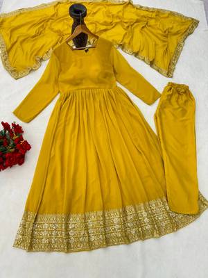 Woman's yellow festival long gown with embroidery sequnce work 4