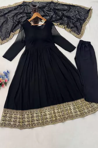 Woman's black festival long gown with embroidery sequnce work