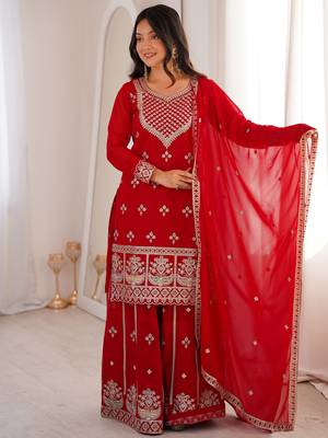 Dreamy Red Dori Embroidered Georgette Engagement Wear Sharara Suit 1