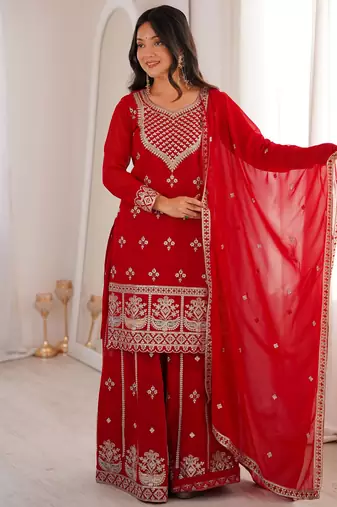 Dreamy Red Dori Embroidered Georgette Engagement Wear Sharara Suit