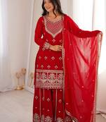 Dreamy Red Dori Embroidered Georgette Engagement Wear Sharara Suit