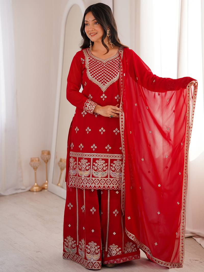 Dreamy Red Dori Embroidered Georgette Engagement Wear Sharara Suit