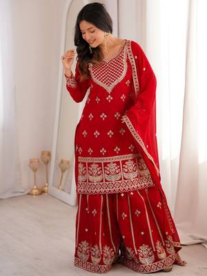 Dreamy Red Dori Embroidered Georgette Engagement Wear Sharara Suit 3