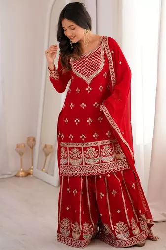 Dreamy Red Dori Embroidered Georgette Engagement Wear Sharara Suit