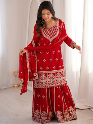 Dreamy Red Dori Embroidered Georgette Engagement Wear Sharara Suit 4