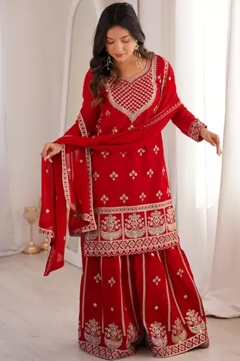 Dreamy Red Dori Embroidered Georgette Engagement Wear Sharara Suit