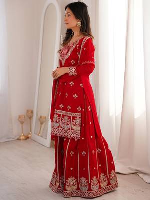 Dreamy Red Dori Embroidered Georgette Engagement Wear Sharara Suit 5