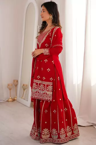 Dreamy Red Dori Embroidered Georgette Engagement Wear Sharara Suit