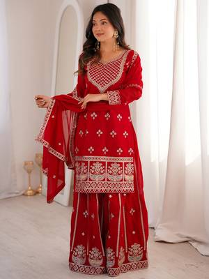 Dreamy Red Dori Embroidered Georgette Engagement Wear Sharara Suit 6