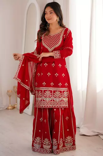 Dreamy Red Dori Embroidered Georgette Engagement Wear Sharara Suit