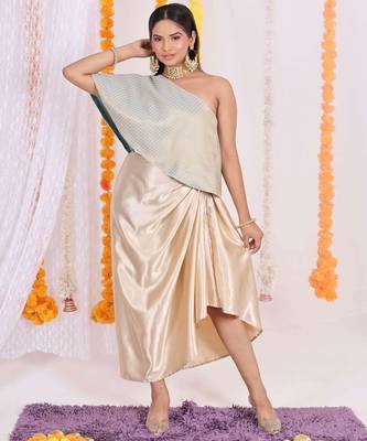 One-shoulder brocade top with satin dhoti 1