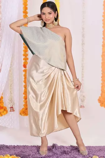 One-shoulder brocade top with satin dhoti