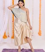 One-shoulder brocade top with satin dhoti