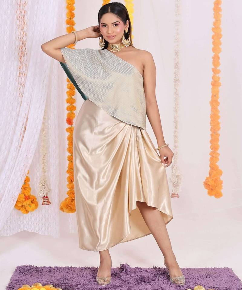 One-shoulder brocade top with satin dhoti