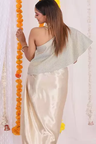 One-shoulder brocade top with satin dhoti