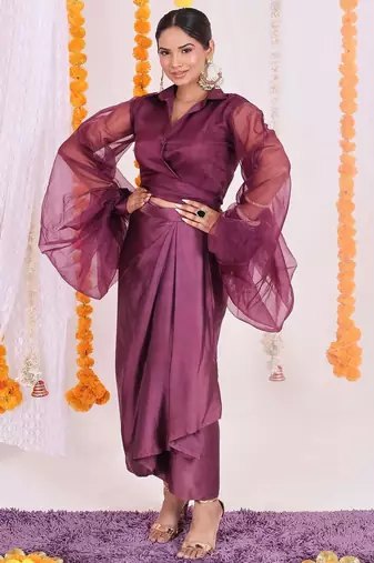 Purple organza wrap top and dhoti set