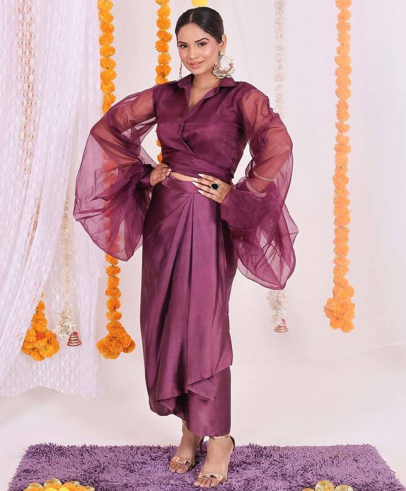 Purple organza wrap top and dhoti set