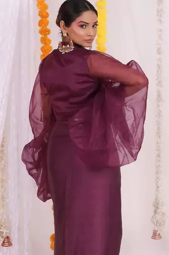 Purple organza wrap top and dhoti set