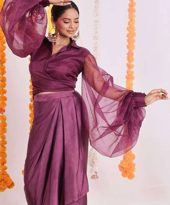 Purple organza wrap top and dhoti set 3