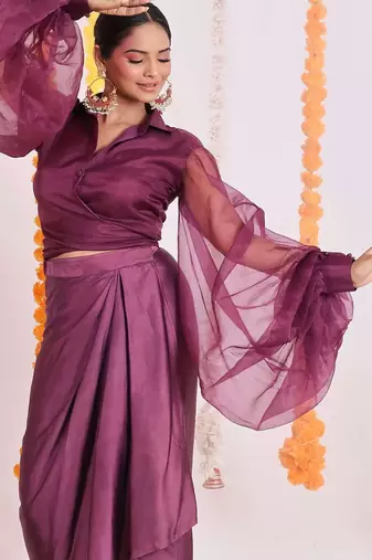 Purple organza wrap top and dhoti set