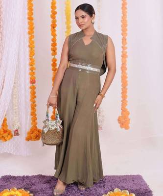 Olive green georgette jumpsuit with sequin details 1
