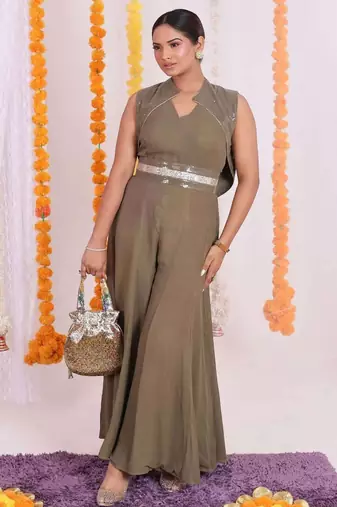 Olive green georgette jumpsuit with sequin details