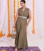 Olive green georgette jumpsuit with sequin details