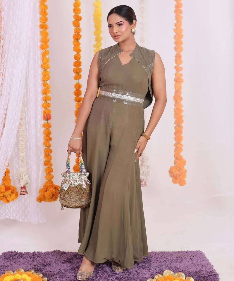 Olive green georgette jumpsuit with sequin details