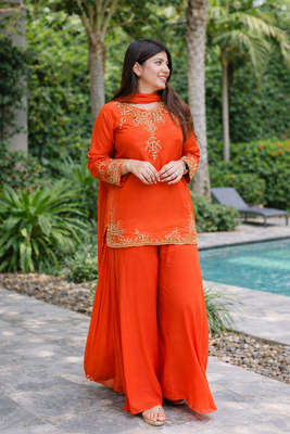 Womens orange kurati palazzo with dupatta embroidered festival wear 1