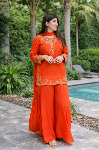 Womens orange kurati palazzo with dupatta embroidered festival wear