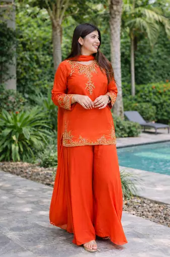 Womens orange kurati palazzo with dupatta embroidered festival wear