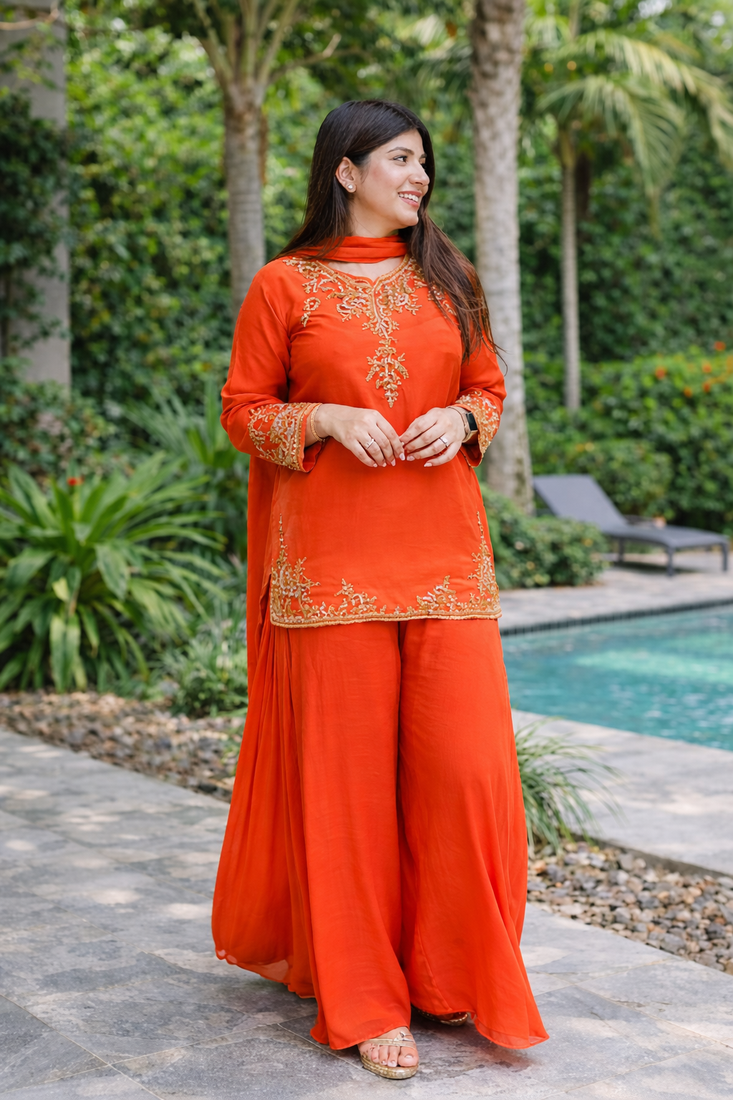Womens orange kurati palazzo with dupatta embroidered festival wear