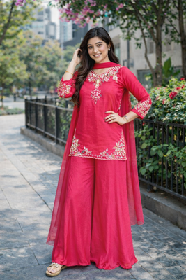 Womens pink kurati palazzo with dupatta embroidered festival wear 1