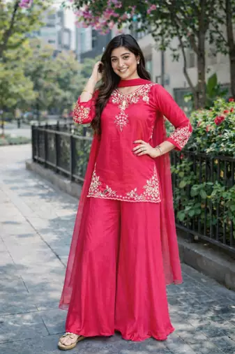 Womens pink kurati palazzo with dupatta embroidered festival wear