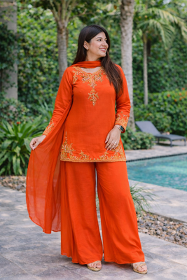 Womens orange kurati palazzo with dupatta embroidered festival wear 2