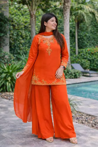 Womens orange kurati palazzo with dupatta embroidered festival wear