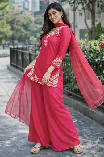 Womens pink kurati palazzo with dupatta embroidered festival wear