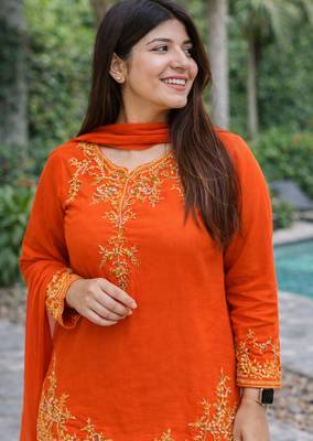 Womens orange kurati palazzo with dupatta embroidered festival wear 3