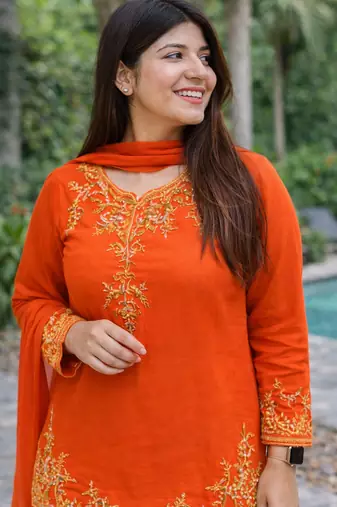 Womens orange kurati palazzo with dupatta embroidered festival wear