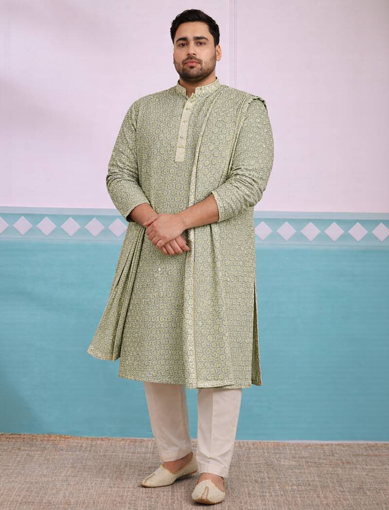 Men pista green rayon embroidered sequin dupatta