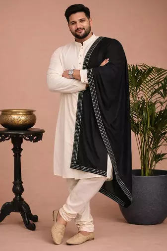 Men black viscose solid dupatta with mirror work border