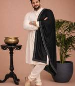 Men black viscose solid dupatta with mirror work border