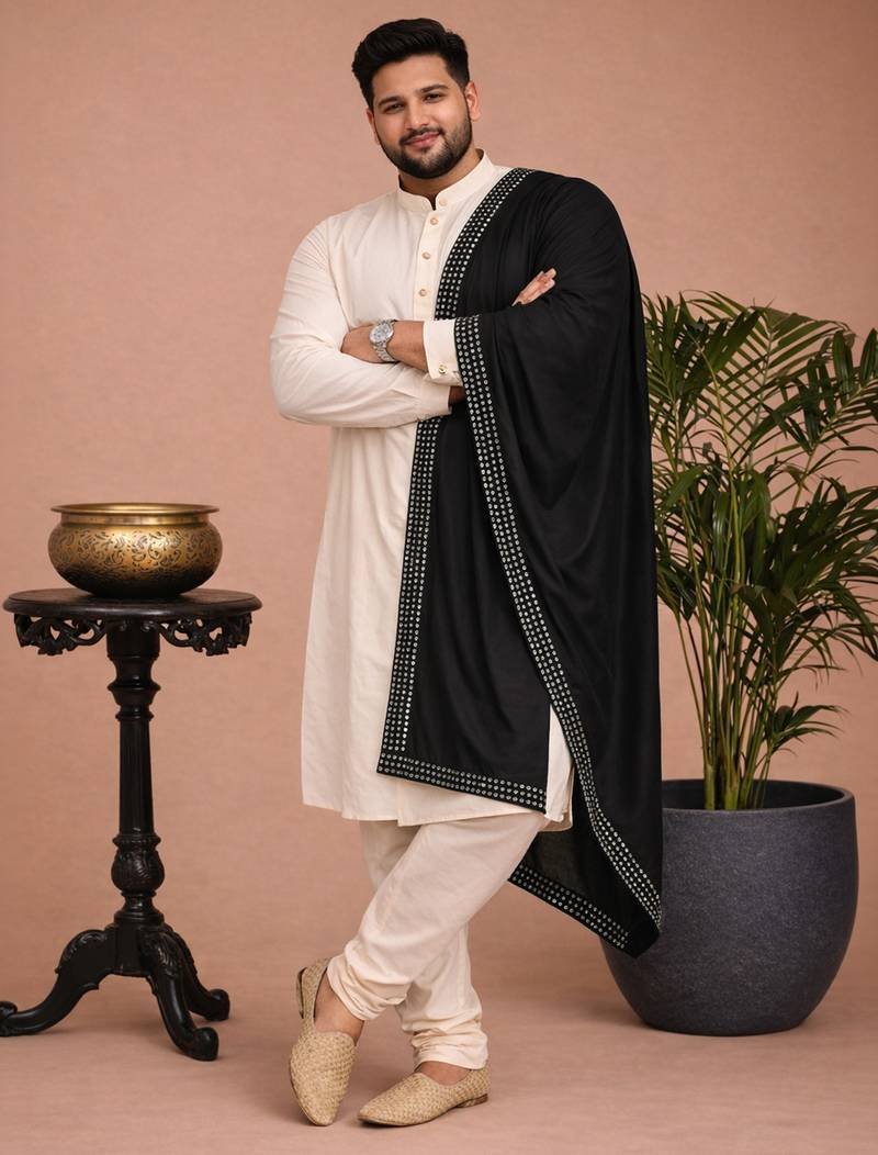 Men black viscose solid dupatta with mirror work border