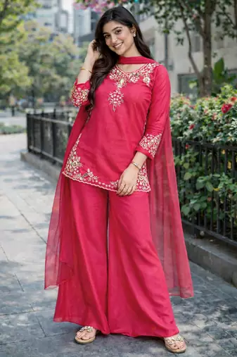 Womens pink kurati palazzo with dupatta embroidered festival wear