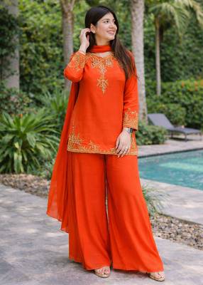 Womens orange kurati palazzo with dupatta embroidered festival wear 4