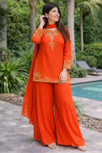 Womens orange kurati palazzo with dupatta embroidered festival wear