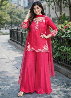 Womens pink kurati palazzo with dupatta embroidered festival wear 4