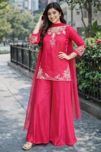 Womens pink kurati palazzo with dupatta embroidered festival wear