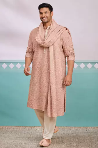 Men peach rayon embroidered sequin dupatta