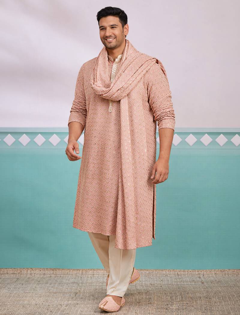 Men peach rayon embroidered sequin dupatta